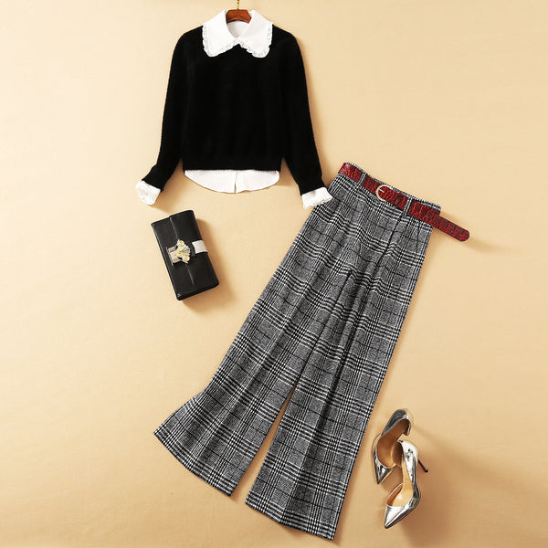 Conjunto de 3 Piezas: Suéter de Mohair con Cuello Texturizado, Camisa de Madera y Pantalón Ancho Cuadriculado - Image 10