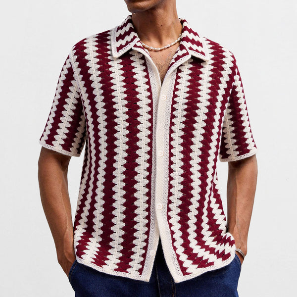Blusa Tejida de Rayas Vintage con Manga Corta y Detalles Calados