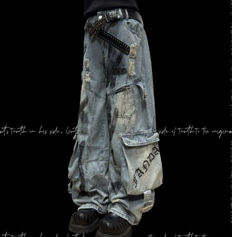 Pantalón Vaquero Ancho Rotos con Bolsillos Múltiples Estilo Urbano Graffiti - Image 3