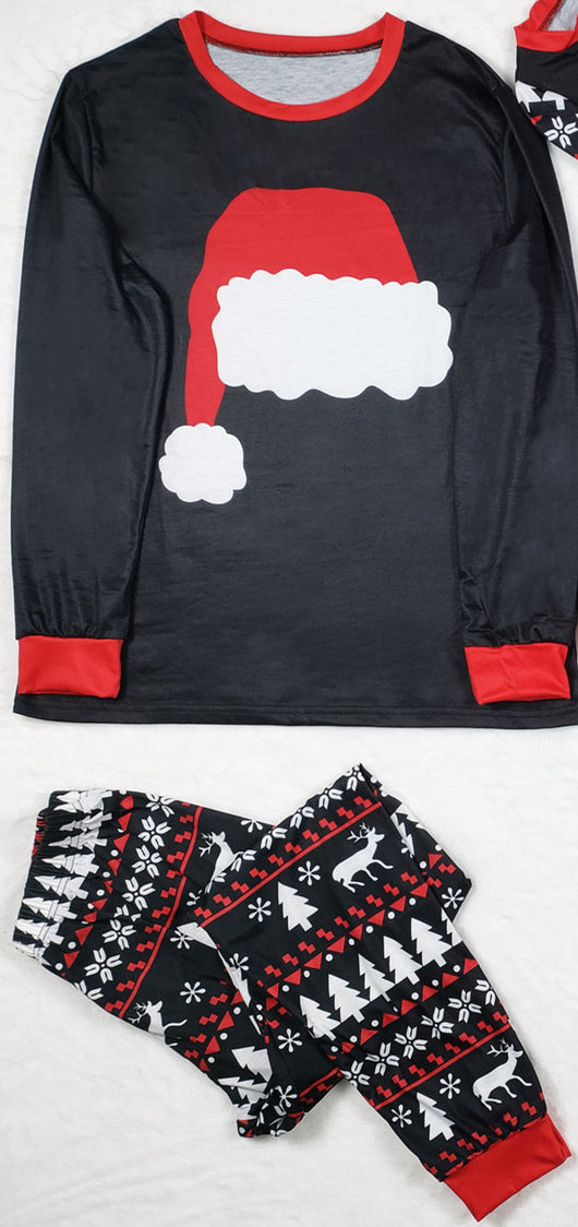 Black long-sleeve Christmas pajama top with a red Santa hat graphic and matching pants with a reindeer and tree pattern. - Image 6