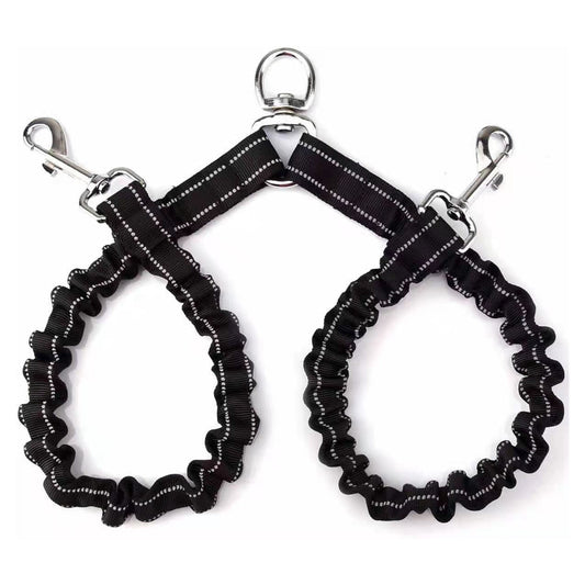 Black double-ended pet traction rope with reflective stitching, two elasticized leash segments, and metal snap hooks.