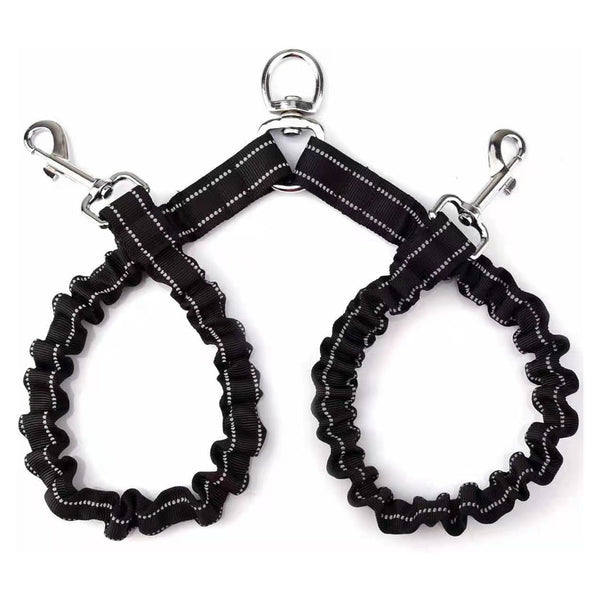 Black double-ended pet traction rope with reflective stitching, two elasticized leash segments, and metal snap hooks.