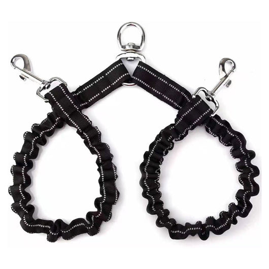 Black double-ended pet traction rope with reflective stitching, two elasticized leash segments, and metal snap hooks.