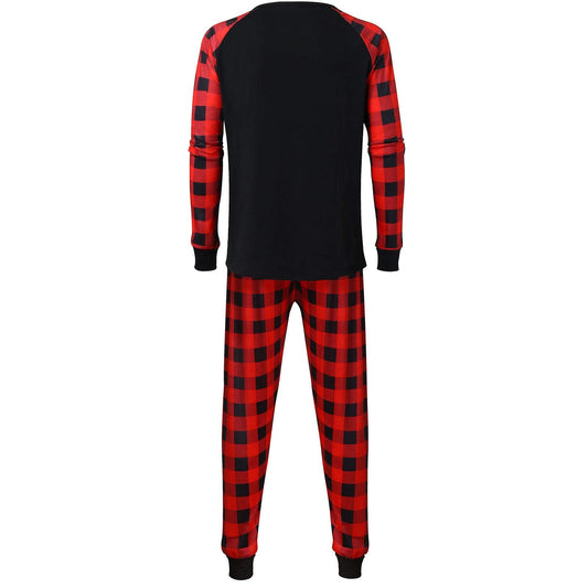 Matching family pajamas with black tops, red plaid raglan sleeves, and "SANTA NEVER FORGET 2020" graphic. Includes two adult and one child set with red plaid pa - Image 2