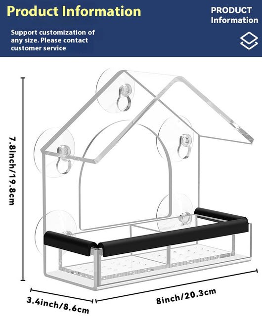 Transparent acrylic window bird feeder with a house-shaped roof and black perch, mounted with suction cups. - Image 6
