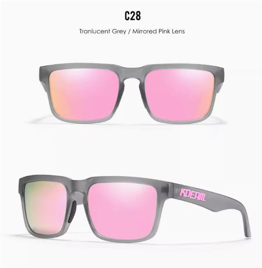 Men's and women's dazzling blue and black striped polarized sunglasses with gray lenses and a black case. - Image 28