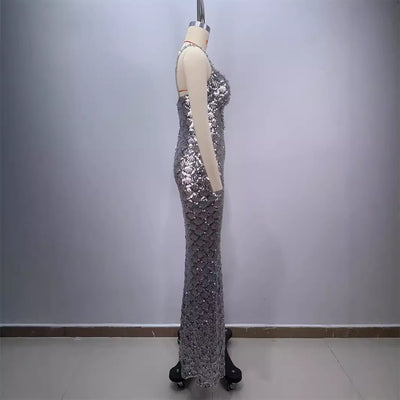 Vestido Largo Elegante Espalda Descubierta con Lentejuelas y Tirantes - Image 3
