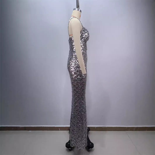 Vestido Largo Elegante Espalda Descubierta con Lentejuelas y Tirantes - Image 3
