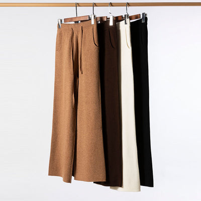 Pantalón Ancho de Cintura Alta con Cordón en Lana Suave y Textura Esponjosa