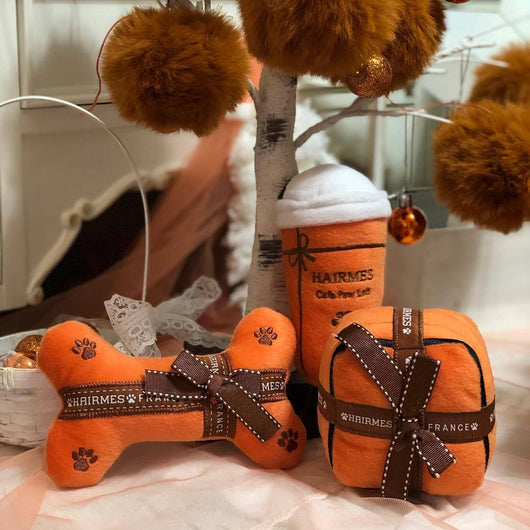 Orange plush dog toy shaped like a coffee cup with 'HAIRMES Cafe Paw Lait' and a paw print embroidered on it. - Image 4