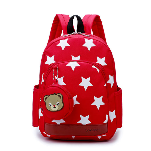 Blue kids' backpack with white stars, front pocket, side pockets, and a detachable bear coin purse.