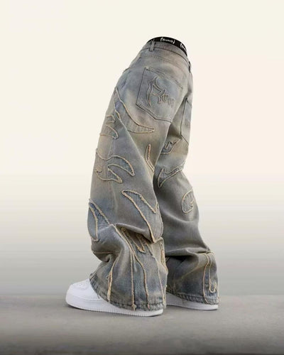 Pantalones Jeans Anchos Rotos Teñidos a Mano para Hombre - Image 9