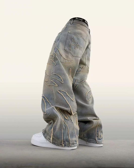 Pantalones Jeans Anchos Rotos Teñidos a Mano para Hombre - Image 9