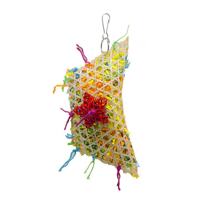 Colorful bird toy made from woven straw, filled with shredded paper, with a red star and hanging hook. - Image 9