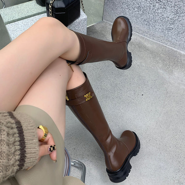 Botas Altas Knight con Hebilla Dorada, Suela Gruesa y Tacón Reforzado