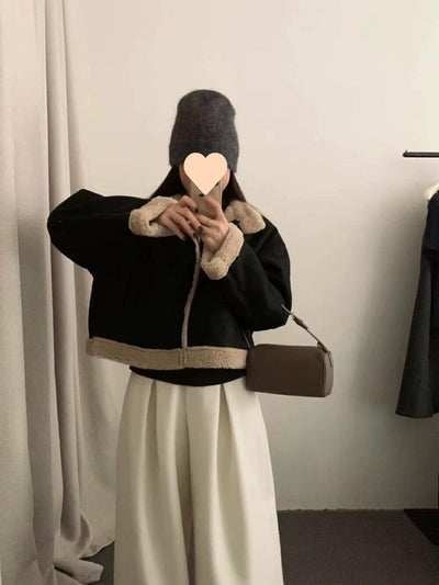 Abrigo Corto Retro con Cuello de Pie para Mujer - Lana de Cordero Invierno - Image 13