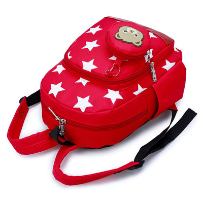 Blue kids' backpack with white stars, front pocket, side pockets, and a detachable bear coin purse. - Image 3