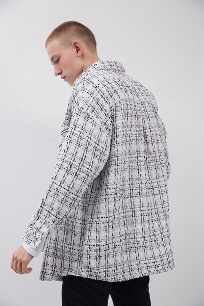 Camisa Suéter Cuadros Plateado Hombre Corte Holgado Manga Larga - Image 4