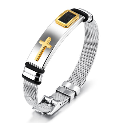 Pulsera de Malla de Acero de Titanio con Cruz Dorada para Hombre - Image 4