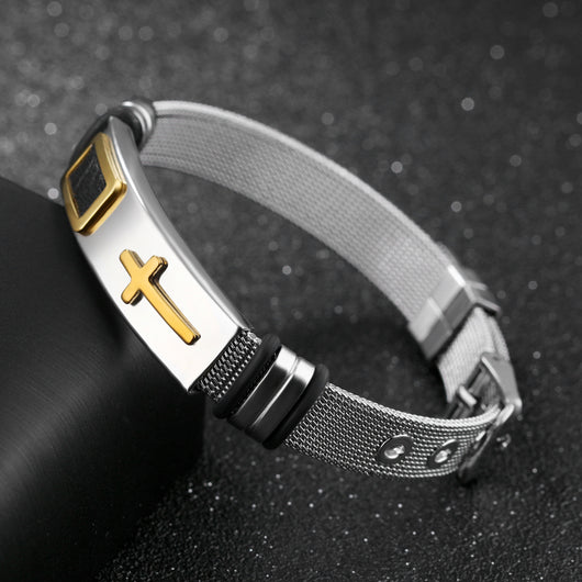 Pulsera de Malla de Acero de Titanio con Cruz Dorada para Hombre - Image 3
