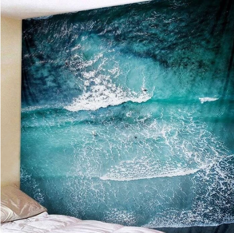 Calm Waves Tapestry featuring an aerial view of blue and turquoise ocean waves with white foam, perfect for wall decor.