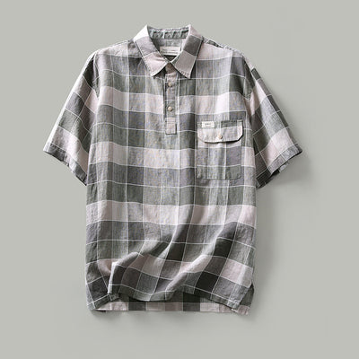 Camisa de Lino Cuadros Casual Japonesa para Hombre - Manga Corta - Image 8