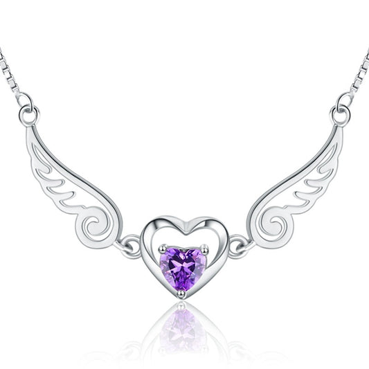 Collar Alas de Ángel con Corazón de Cristal Púrpura en Plata 925