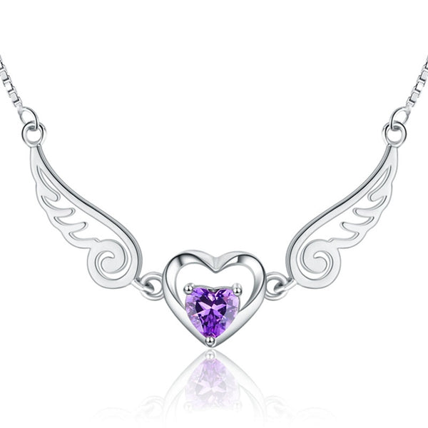 Collar Alas de Ángel con Corazón de Cristal Púrpura en Plata 925