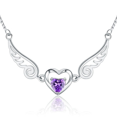 Collar Alas de Ángel con Corazón de Cristal Púrpura en Plata 925