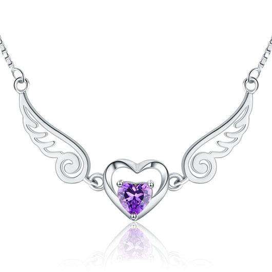 Collar Alas de Ángel con Corazón de Cristal Púrpura en Plata 925