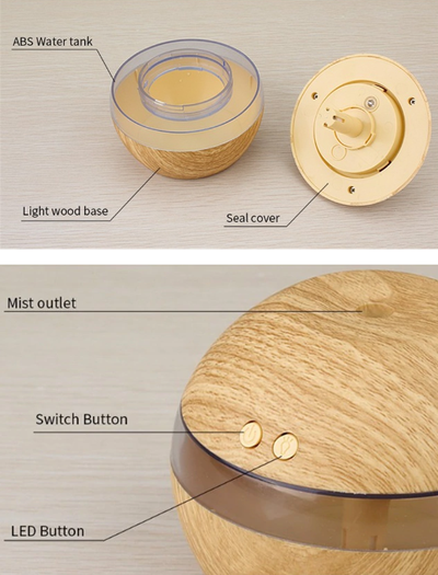 Mini essential oil diffuser humidifier with wood grain finish, USB cable, and instruction manual on a white background. - Image 3