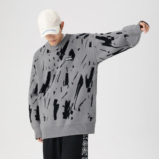 Suéter Hombre Cuello Redondo Diseño Jacquard Salpicaduras de Tinta Japonés - Image 2