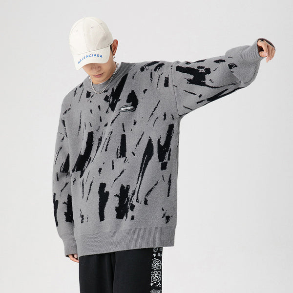 Suéter Hombre Cuello Redondo Diseño Jacquard Salpicaduras de Tinta Japonés