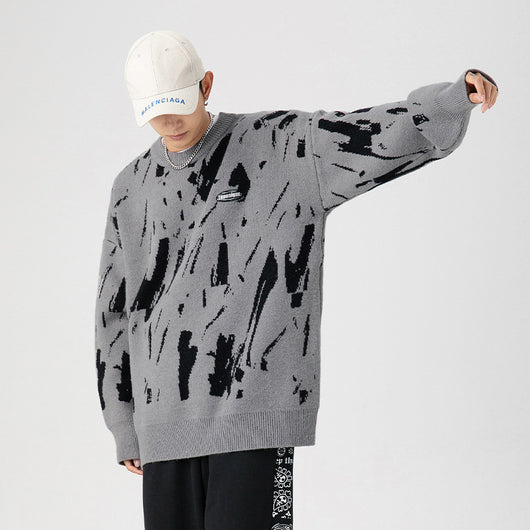 Suéter Hombre Cuello Redondo Diseño Jacquard Salpicaduras de Tinta Japonés - Image 2