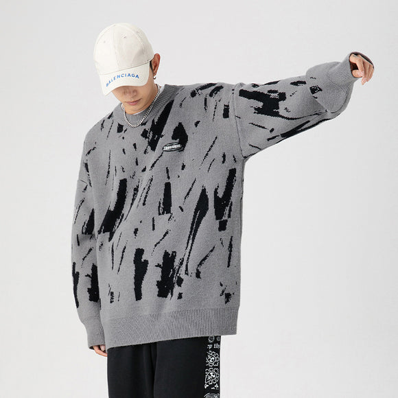 Suéter Hombre Cuello Redondo Diseño Jacquard Salpicaduras de Tinta Japonés