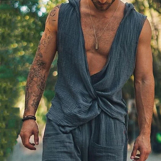 Conjunto de Pantalón y Chaleco Holgado en Algodón y Lino para Hombre - Image 2