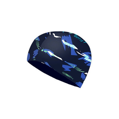 Black cloth swimming cap with a blue tribal-style graphic design on the side. - Image 10