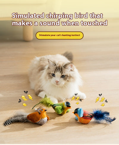 Plush bird cat toy with orange chest, grey body, feathered tail, and an elastic string for interactive play. - Image 17