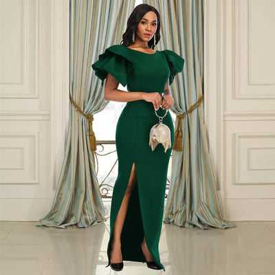 Vestido de Noche Verde Talla Grande con Abertura Elegante