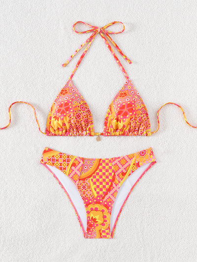 Red floral print triangle cup bikini set with matching bottom, featuring a small gold charm on the top. - Image 11