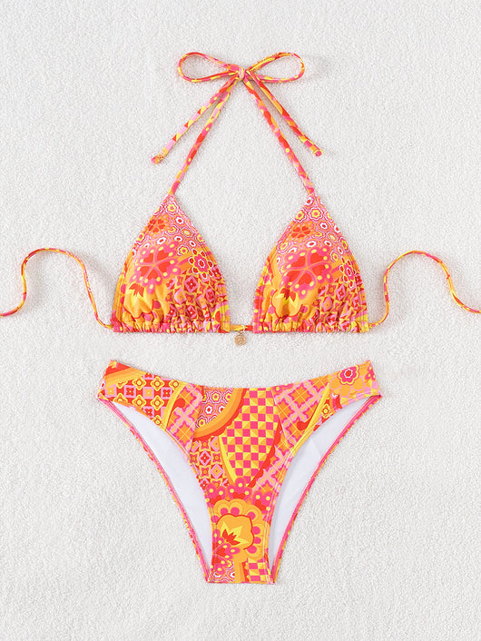 Red floral print triangle cup bikini set with matching bottom, featuring a small gold charm on the top. - Image 11