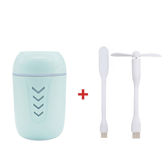 Light blue portable car humidifier with chevron pattern, white USB LED light, and white USB mini fan. - Image 7
