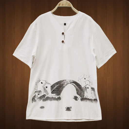 Camisa Casual Hombre Algodón y Lino con Estampado Paisaje - Image 2