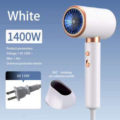 White professional hair dryer with rose gold accents, blue fan, and two control buttons, shown with a US 110V plug and a 360-degree rotating air collector nozzl - Image 11