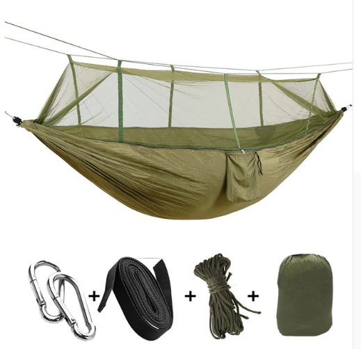 Hamaca Camping Doble con Red Antimosquitos - Paracaídas Portátil Verde Militar - Image 28