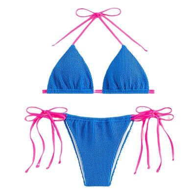 Women's purple textured two-piece swimsuit with light blue lace-up ties, featuring a triangle bikini top and thong bottom. - Image 5