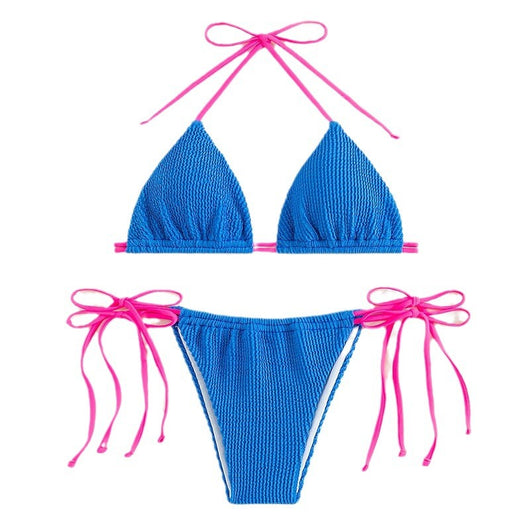 Women's purple textured two-piece swimsuit with light blue lace-up ties, featuring a triangle bikini top and thong bottom. - Image 5