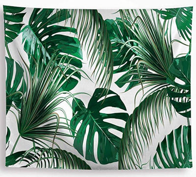 Green tropical leaf tapestry featuring monstera and palm leaves on a white background, made of polyester.