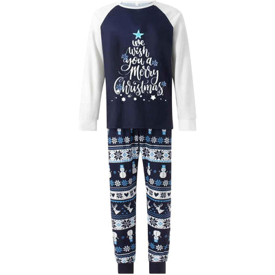 Matching family pajamas with navy blue and white raglan tops featuring a 'Let it Snow' graphic and snowman hat. Bottoms have a festive pattern of snowflakes, sn - Image 9