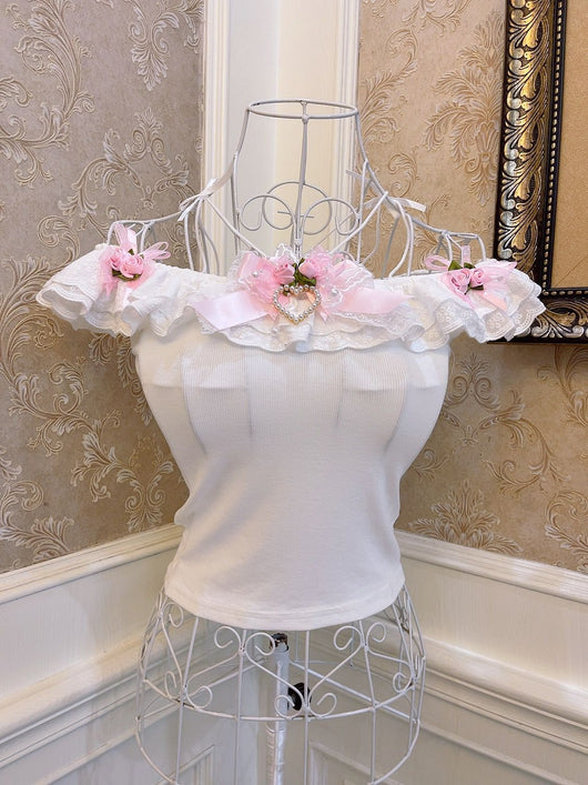 Blusa de Un Hombro con Lazo de Perlas y Encaje Corazón - Image 6